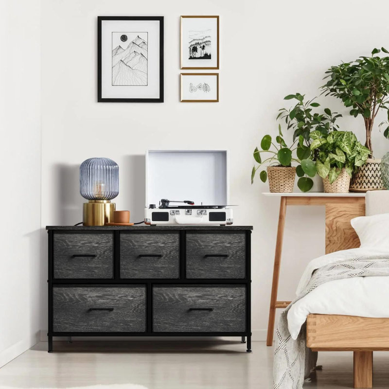 Black Fabric and Wood 5-Drawer Horizontal Dresser