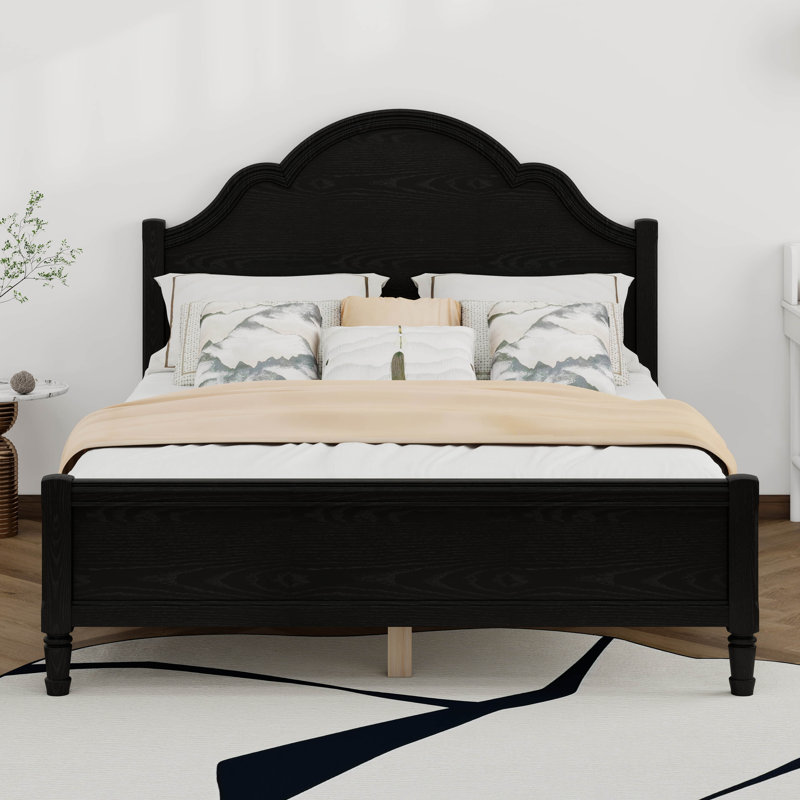 Lit plateforme avec tête et pied de lit, lit en bois de style Mid-Century moderne, aucun sommier nécessaire, Queen, Black