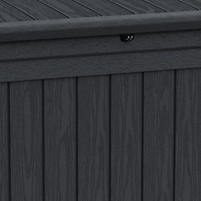 Coffre de jardin moderne et minimaliste de 230 gallons (870 litres) en résine noire, étanche et verrouillable, idéal pour ranger coussins de terrasse, outils de jardin et équipements de sport de piscine.