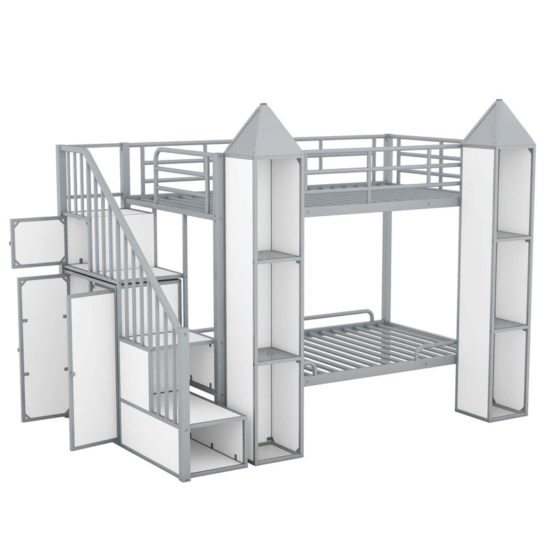 Lit superposé en métal en forme de château avec garde-robe et rangement multiple, Blanc / gris