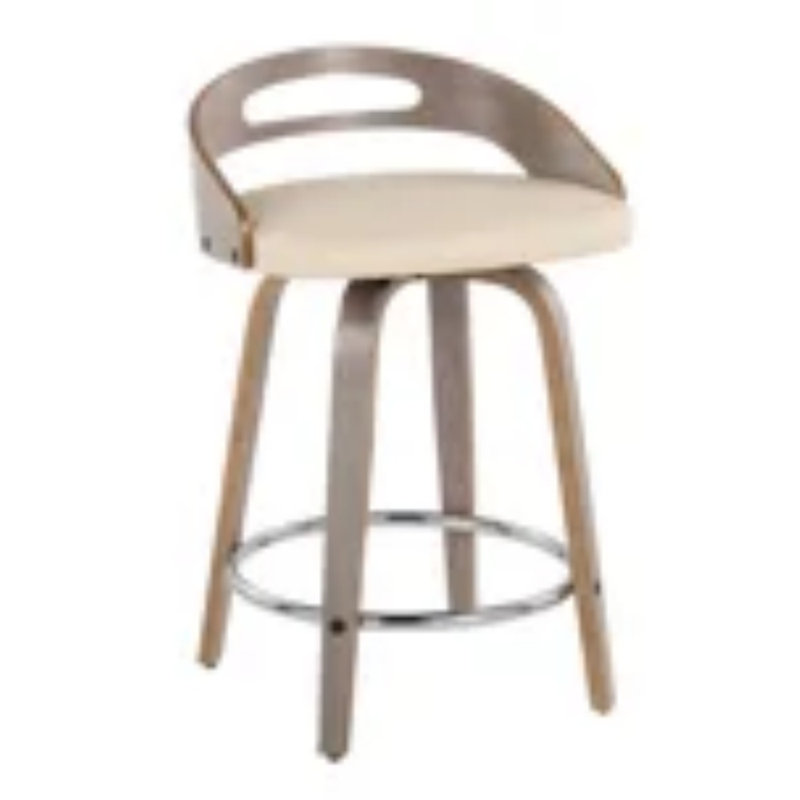 Tabouret de comptoir 24 po à hauteur fixe avec pivot en bois gris clair et similicuir crème avec repose-pieds rond en métal chromé - tabouret de comptoir 2 pièces crème