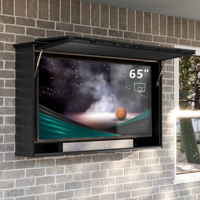 Outdoor TV Enclosure Solid Wood TV Cover 65 Inch Weatherproof with Premium Dual-Arm TV Mount