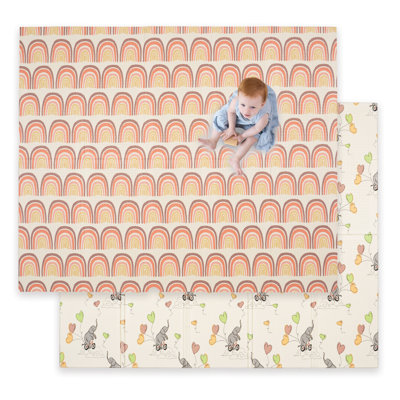 JumpOff Jo Foldable Foam Play Mat – Large Waterproof Baby & Toddler Activity Floor Mat, Double-Sided 70 x 59 Inch Play Surface - Elephant & Rainbow
