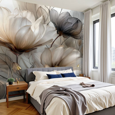 Papier peint adhésif floral noir et blanc bohémien Boho