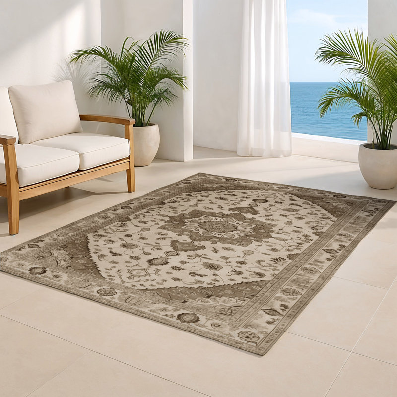 Tabriz Beige Indoor and Outdoor Area Rug, Rectangle 3' x 5'