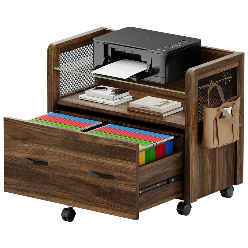 Preble Mobile File Cabinet with Drawer and Hooks, Brown