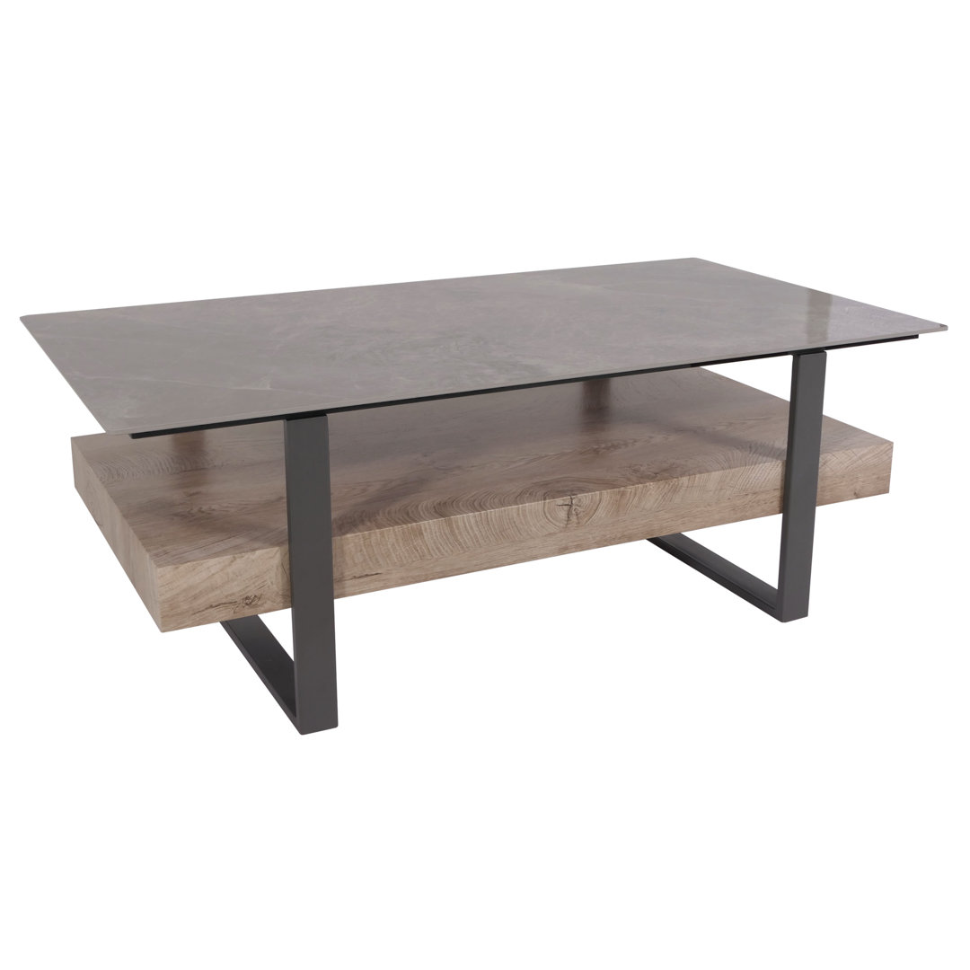 Couchtisch MCW-L88, Ablage Eisen 43x120x60cm Sinterstein Marmor-Optik schwarz Holz dunkelbraun