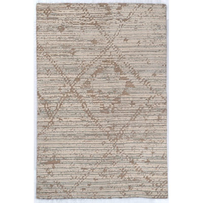 Tapis en laine noué à la main 4 pi x 6 pi | Tapis moderne en treillis craquelé moderne | Tapis transitionnel ivoire beige sauge | Petit tapis décoratif style Marrakech