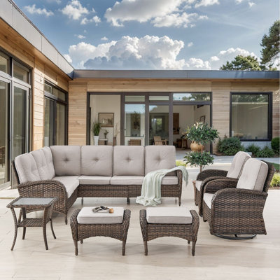 Valierius L-Shaped Outdoor Sectional Sofa Set With Swivel Chairs, Perfect For Patios & Gardens