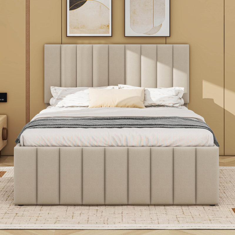 Lit plateforme double tapissier avec lit gigogne simple et 3 tiroirs, Beige