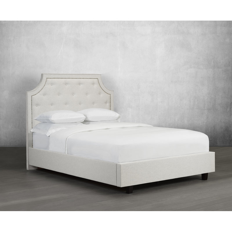 Lit plateforme tapissier avec rangement Stough, Double, Lin - Blanc cassé