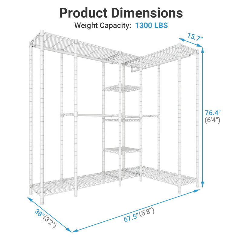 VIPEK L50 L-Shaped Heavy Duty Clothes Rack, Large Corner Freestanding Wardrobe with 1300lb Capacity,White, White