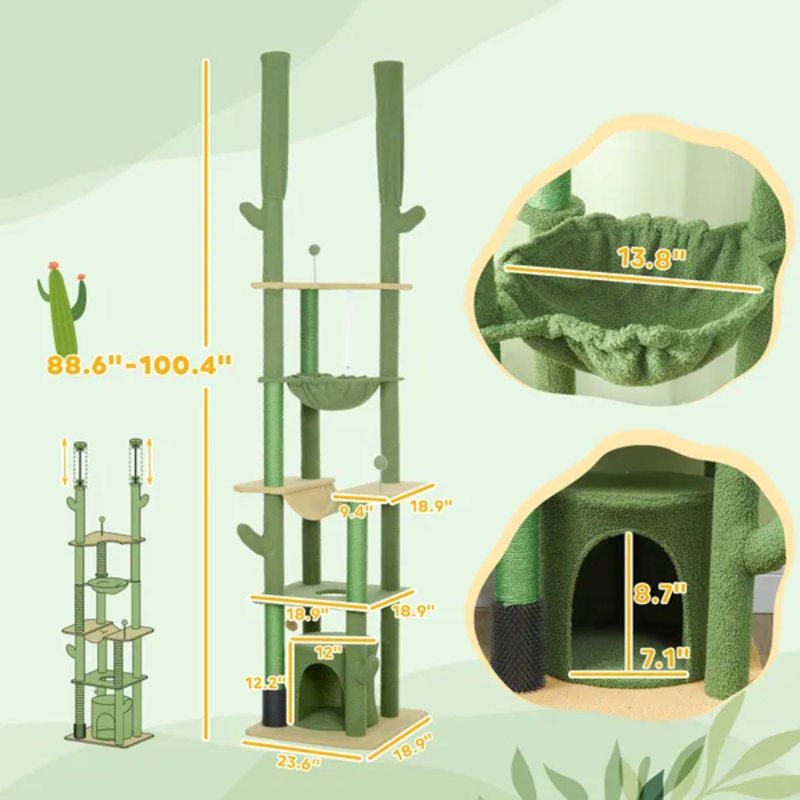 Arbre à chat vert 89 à 100 po, tour d'escalade avec poteau de toilettage, condo et hamac Green