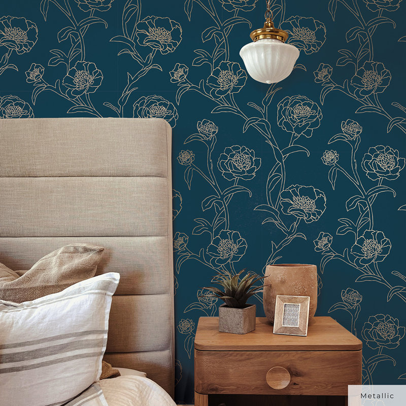 Marlee 33' L x 20.5" W Textured Peel and Stick Wallpaper Roll, Peacock Blue/Metallic Gold, 33" L x 20.5" W