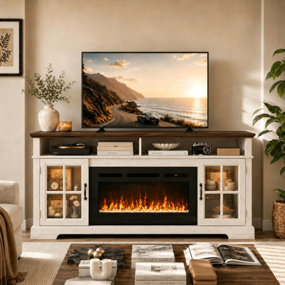 Meuble télé avec foyer de 70 pouces pour téléviseurs jusqu'à 80 pouces, meuble multimédia de style campagnard avec foyer électrique de 36 pouces, éclairage DEL d'ambiance et armoires à portes vitrées