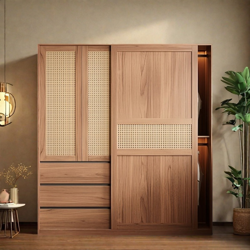 Simple And Elegant Wicker Sliding Wardrobe, 78.74" H x 55.12" W x 23.62" D