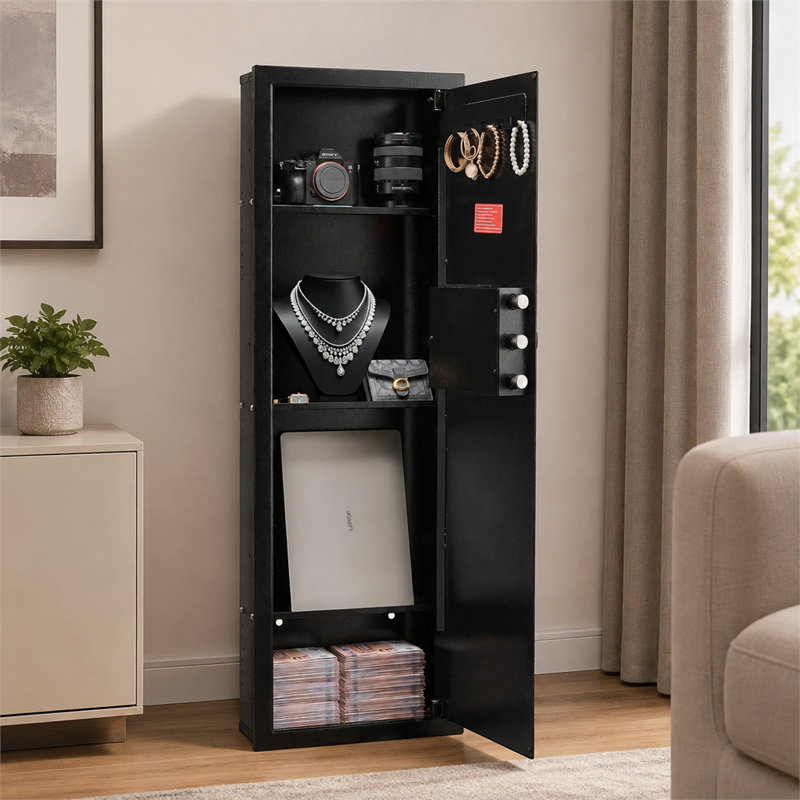 Coffre-fort mural noir à quatre couches dissimulé, acier laminé à froid Q235, clé à combinaison, double serrure, éclairage à DEL, tablettes réglables, armoire à bijoux et à argent comptant