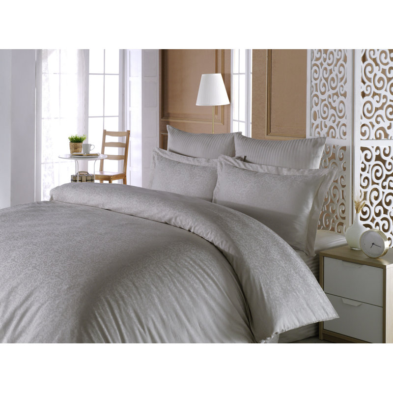 Ensemble de housse de couette double en satin Elegant, 100% coton, couleur roche | Housse de couette 78,7 po x 86,6 po, drap plat 94,5 po x 102,4 po, taies d'oreiller 19,7 po x 27,6 po (2) et 27,6 po x 27,6 po (2) | 210 fils, lavable à la machine, conception luxueuse en jacquard