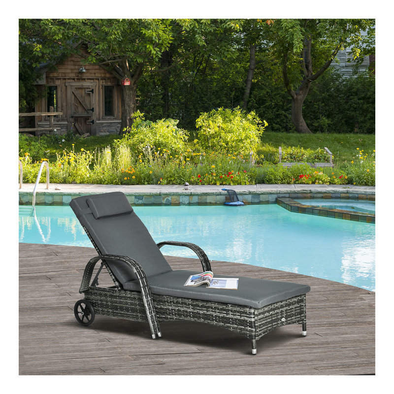 Chaise longue d'extérieur en osier avec dossier réglable à 5 niveaux en rotin PE avec roues, coussin et appui-tête, mélange de gris et de gris anthracite