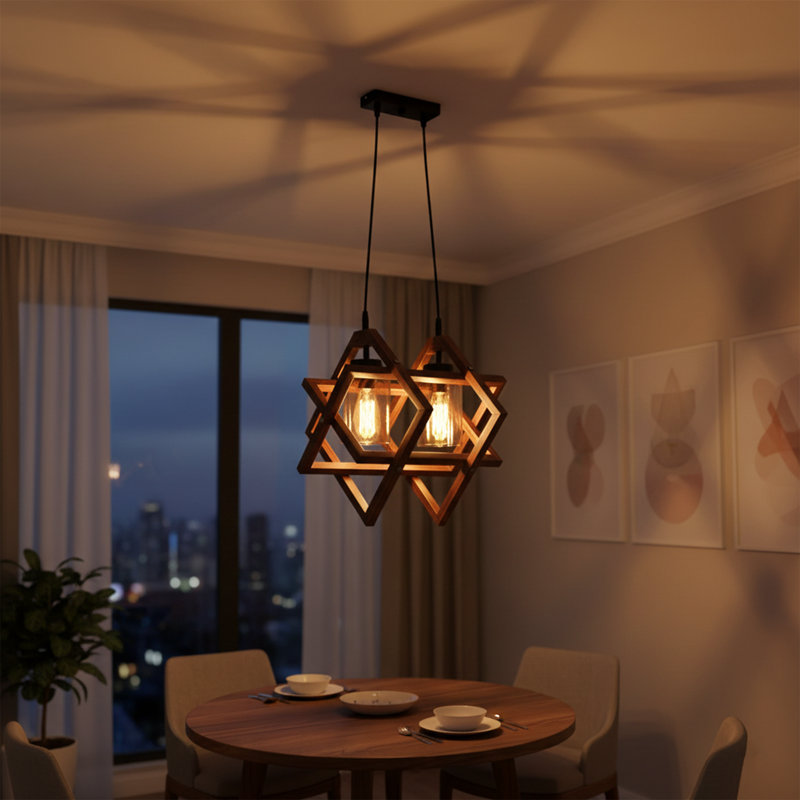 Adjustable Height Wooden Frame 2-Light Geometric Chandelier