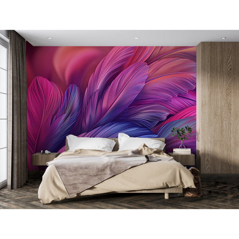 Papier peint Vibrant Feather Gradient - Motif bohème rose, mauve et corail 3D, L 75 po x l 50 po, Premium Non-Woven