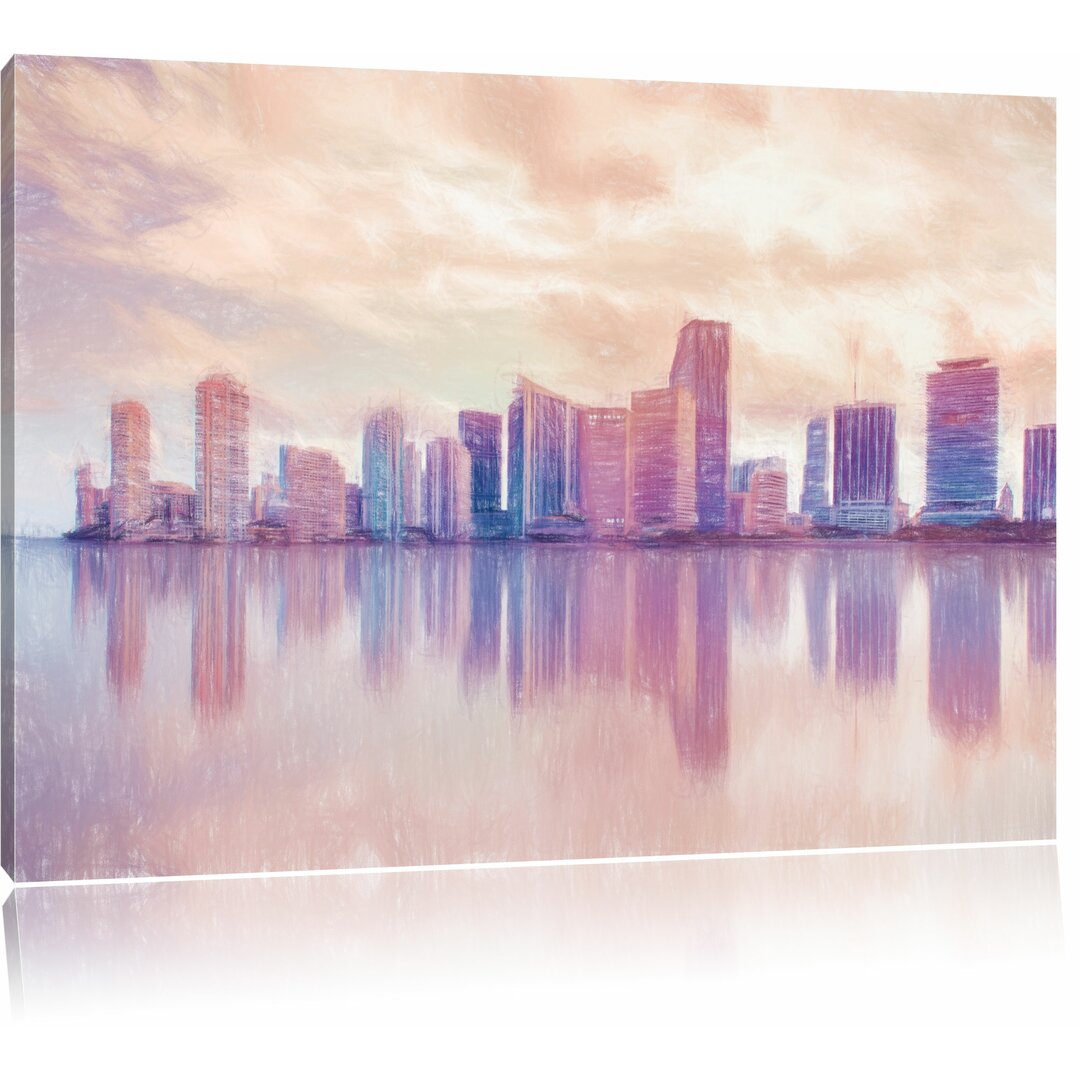 Leinwandbild „Miami - Skyline bei Sonnenuntergang“, Grafikdruck