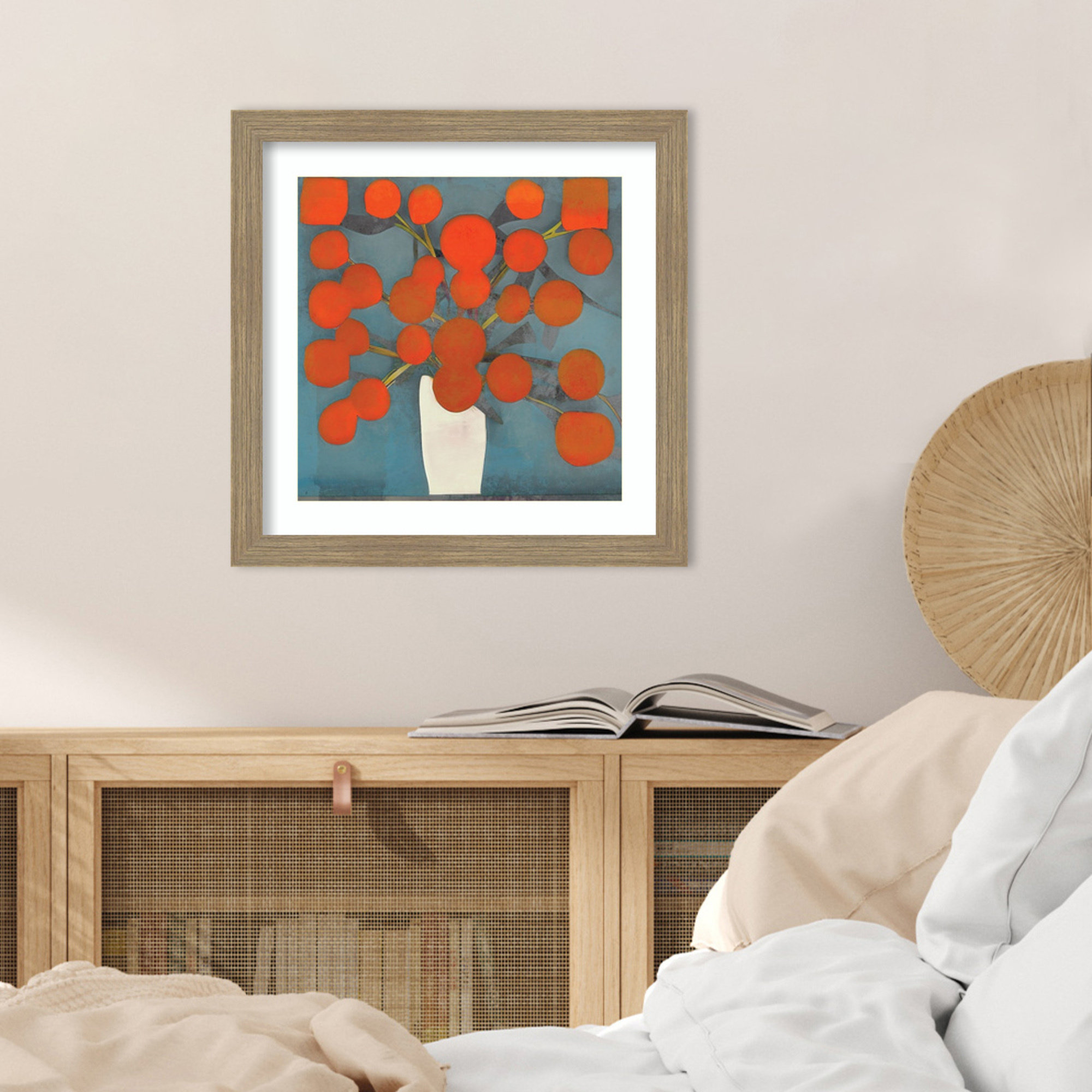 Abstract Orange Flowers by Elena Ray Wood Framed Wall Art Print, Brown, 18" H x 18" W