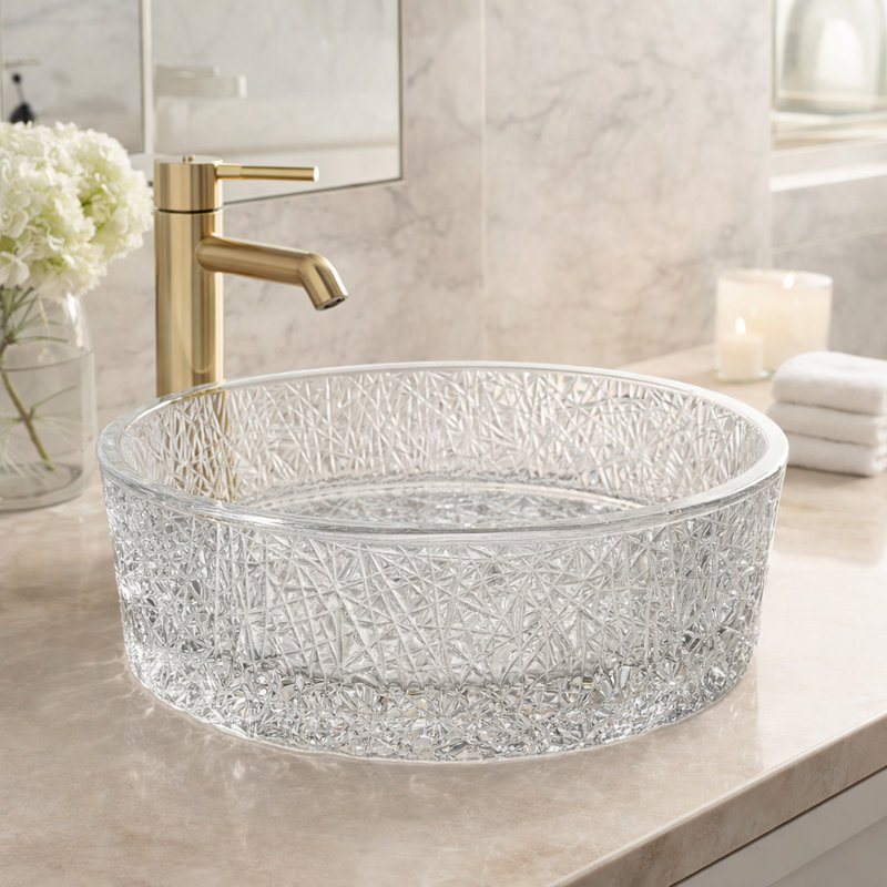 Lavabo de salle de bain vasque ronde en verre transparent 16 "avec motif en cristal Stadium - Collection Timeless, Clair