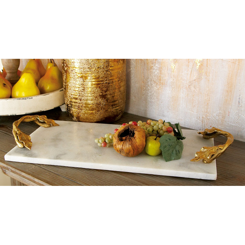 Elegance White Marble 21" x 10" Tray with Gold Leaf Handles