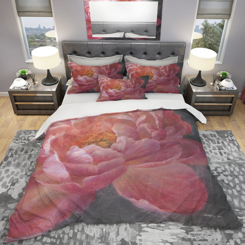 Ensemble de housse de couette pivoines vif i shabby, Housse de couette très grand + 2 taies décoratives