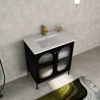 Meuble-lavabo de 30 po avec lavabo en céramique, construction en acier laminé à froid et à double porte à impact, rangement intérieur réglable, poignées en métal, armoire autoportante noire, acier, style,