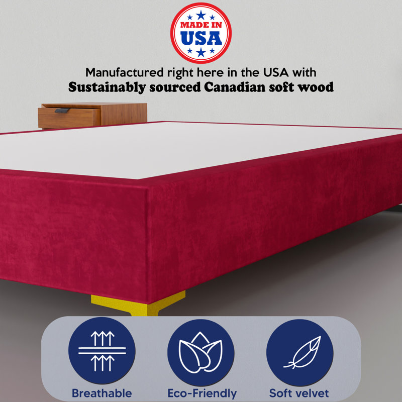 Karvin 15" Premium Velvet Material Wood Box Spring/Bed Frame, Durable, Stylish, Multi Color, California King, Burgundy