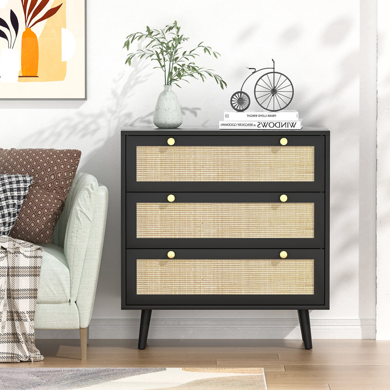 Claymore 3-Drawer Dresser Drawer Chest of Dresser Wood Rattan Dresser for bedroom, Black