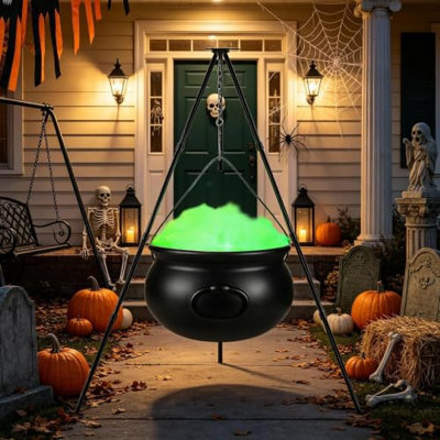 Décorations d'Halloween extérieures : grand chaudron de sorcière sur trépied avec lumières DEL, bol de sorcière en plastique noir et seau à bonbons. Décoration d'Halloween pour véranda, jardin et pelouse.