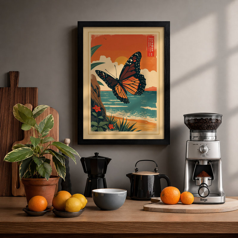 Monarch Above Shore Japandi - Framed Print, Black, A3 - 42.0 x 29.7 cm