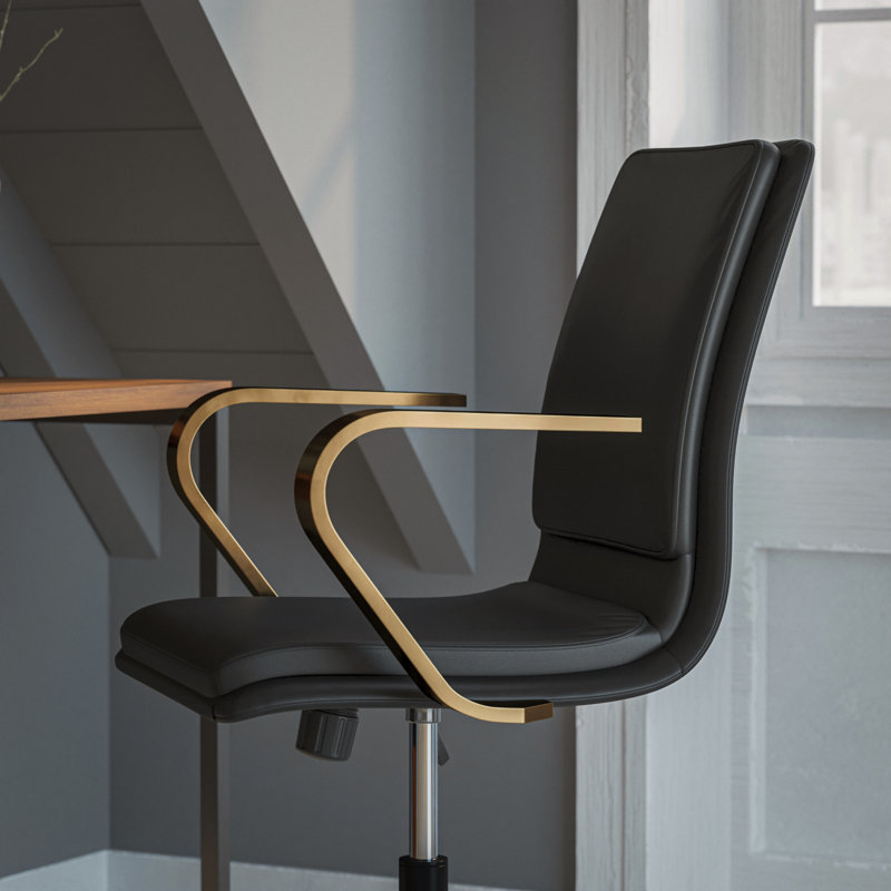 Mid-Back Designer Upholstered Swivel Executive Office Chair with Armrests, Gold, Black