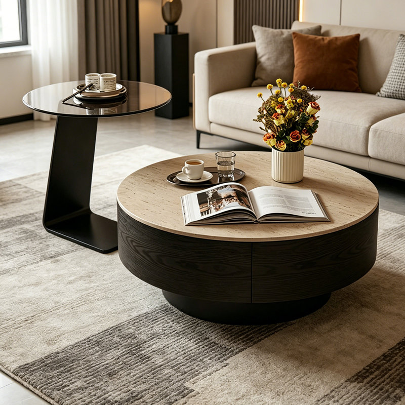 Table basse French French Premium, Beige/Gray/Black, 13" H x 31.49" W x 31.49" D