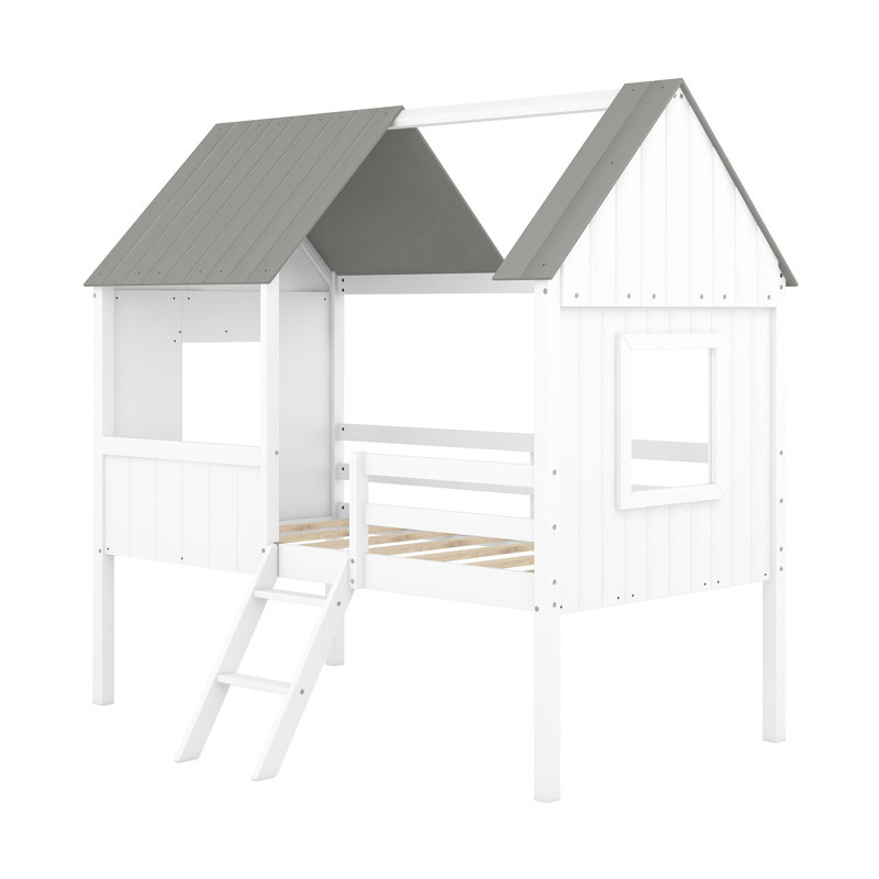 Lit simple avec deux fenêtres latérales - stable et bois de pin gris blanc pour créer un espace de rêve pour le bois massif