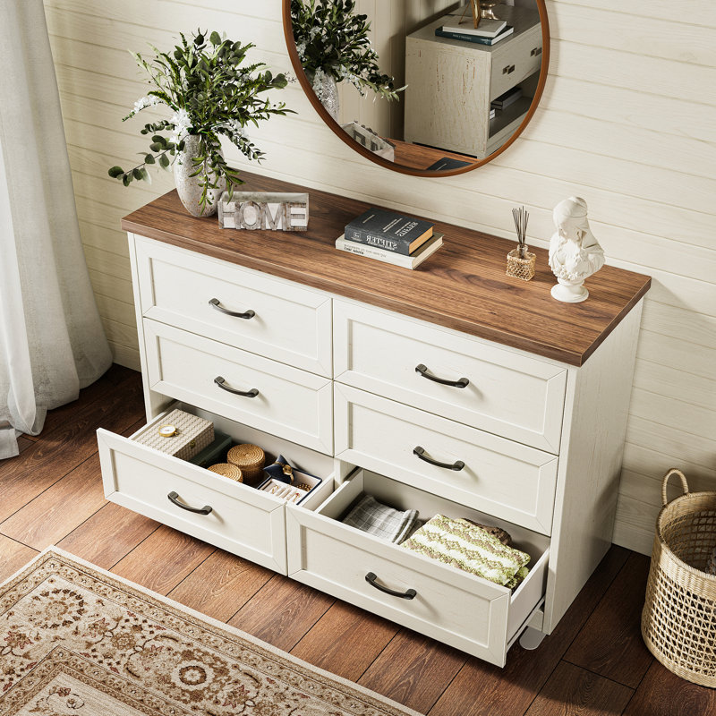 Willowbrook 2 Piece Bedroom Set - 6 Drawer Dresser And 2 Nightstands With Drawer And Open Shelf Storage, Walnut//White