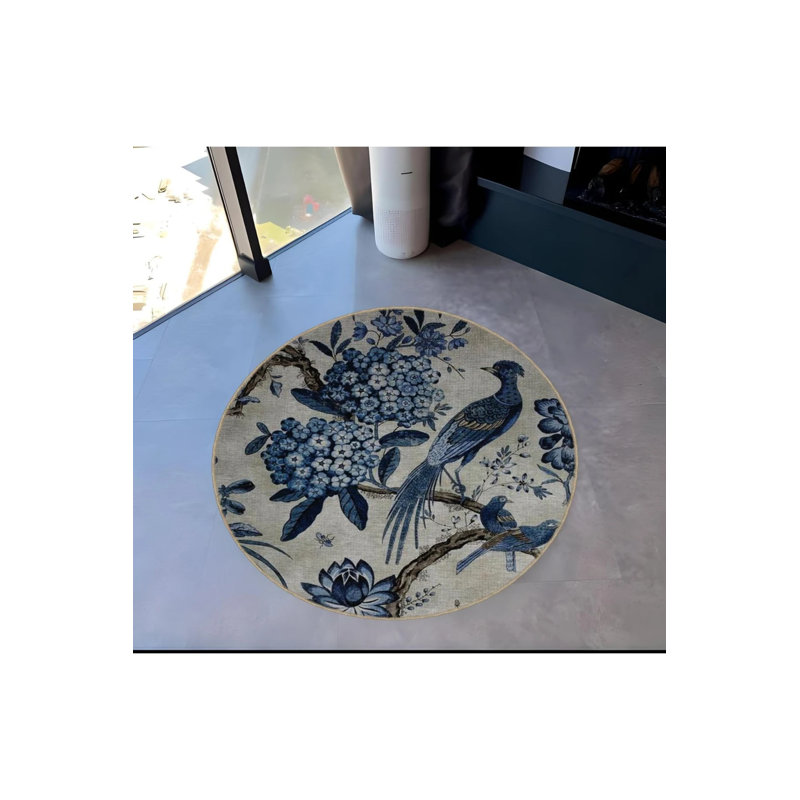Blue Beige Theme Round Woven Base Modern Decorative Carpet With Bird And Flower Pattern On Tree Branch, Round 4'