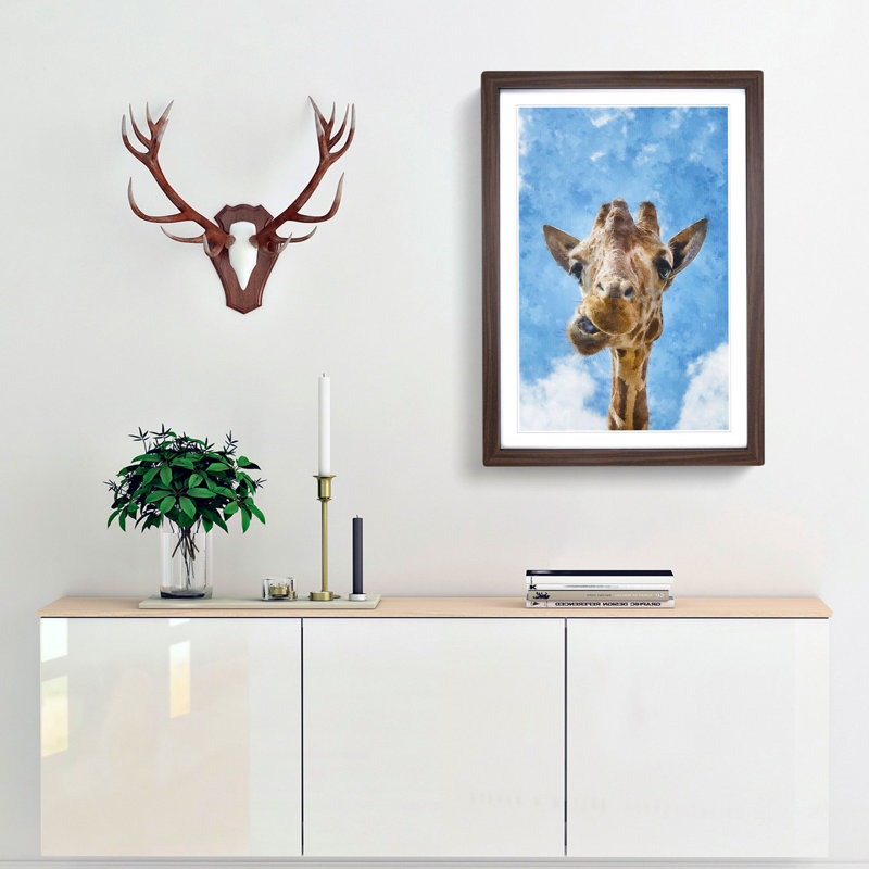 Chewing Giraffe - Picture Frame Painting Print, 87cm H x 62cm W x 2cm D, Walnut Framed