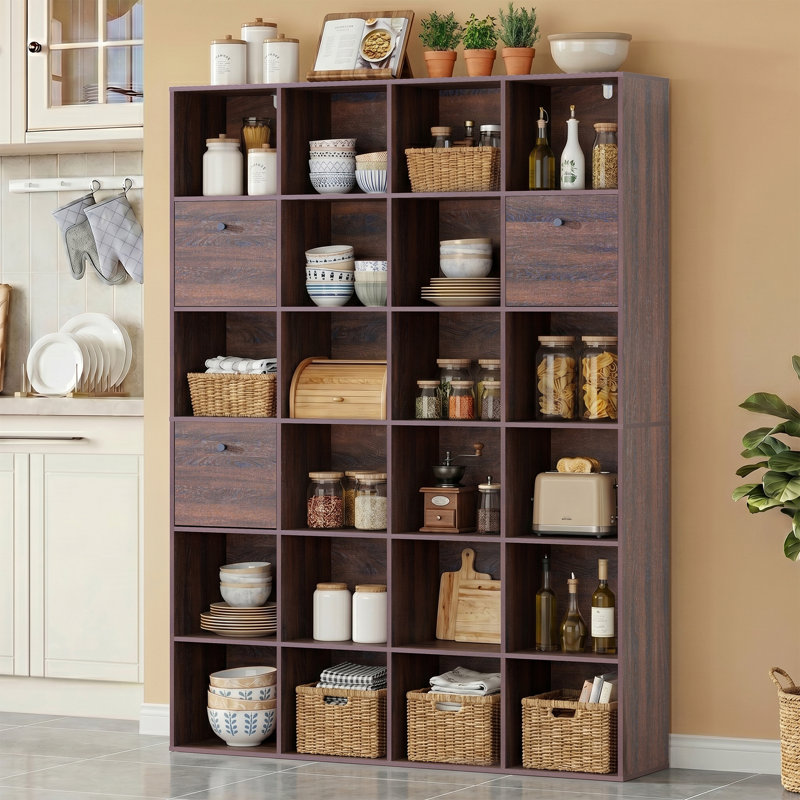 Organisateur de rangement modulaire 24 cubes avec tiroirs en tissu, bibliothèque en bois rustique noyer et cloison, individuel