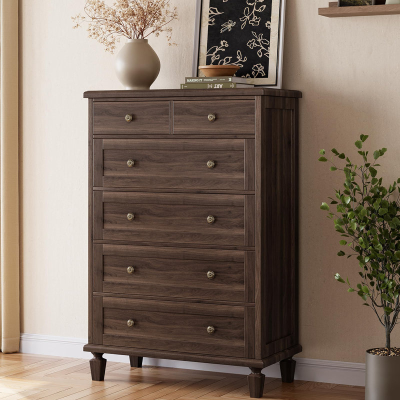47" Tall Vintage 6 Drawer Wood Dresser with Carved Handles & Tapered Legs for Bedroom, Dark Brown