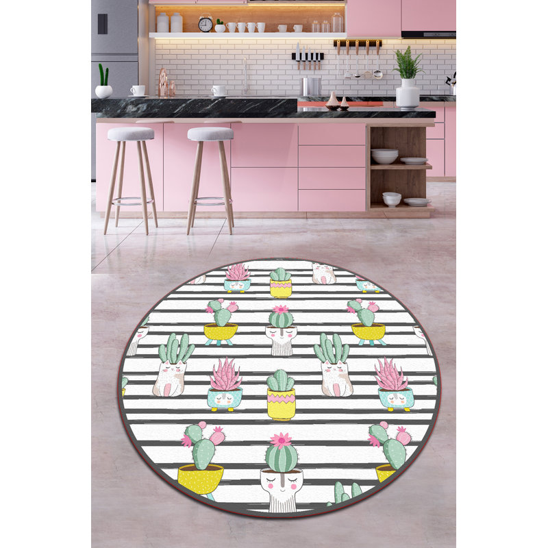 Tapis en polyester tissé à la machine noir / blanc / rose Alvarie, Rond 3 pi 3 po