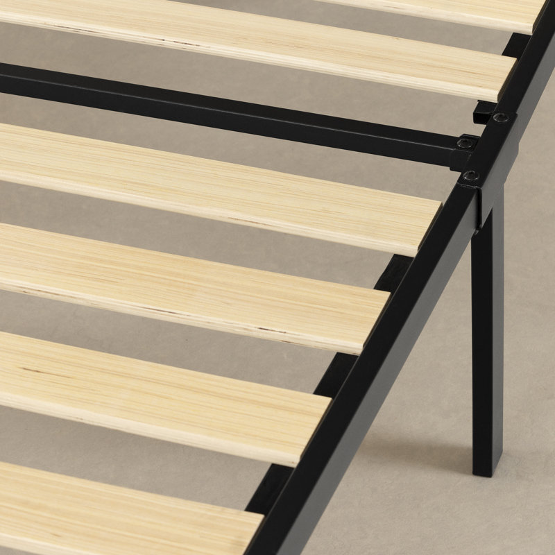 Full Black Metal Platform Bed with Natural Cane Headboard and Slats