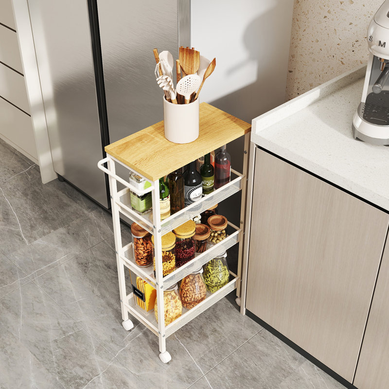 Chariot roulant mince, chariot de rangement à 4 niveaux, chariot étroit avec poignée, profondeur de 8,7 pouces, cadre en métal, pour la cuisine, la salle à manger, le salon, le bureau personnel, chêne beige et blanc ULRC033W09
