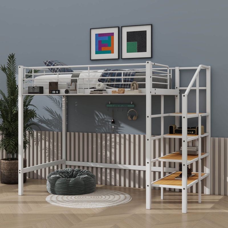 Metal Loft Bed In Twin Size, Featuring An Upper Grid Storage Shelf And Side Storage Ladder, White