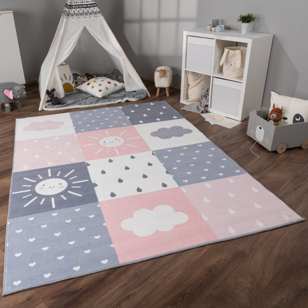 Teppich Kinderzimmer Kinderteppich Rutschfest Flauschig Sonne Wolke Rosa Grau