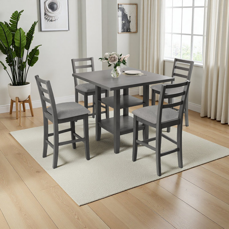Ensemble de salle à manger 5 pièces à hauteur de comptoir en bois avec chaises rembourrées et étagères de rangement, Gris