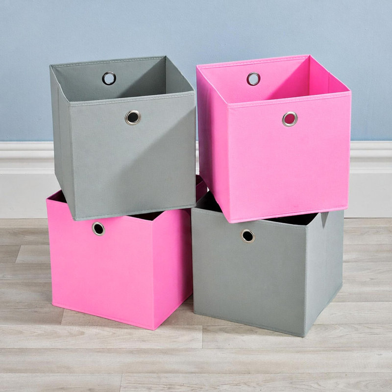 Pack of 4 Fabric Storage Cube Organiser Box, Grey/Pink